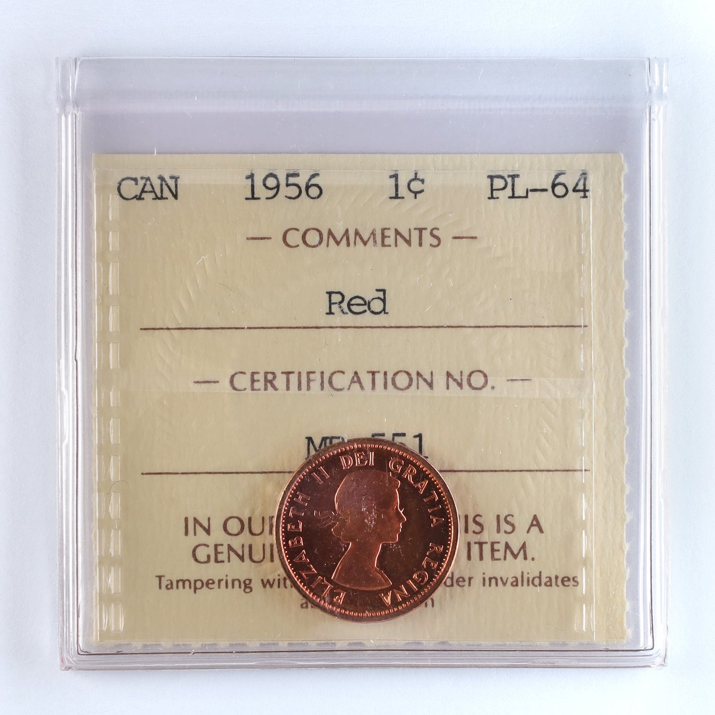 1956 Canada 1-cent ICCS Certified PL64 Red