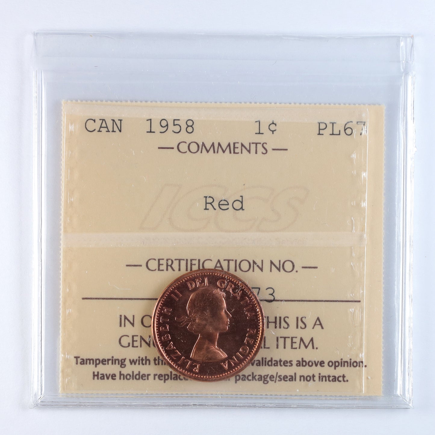 1958 Canada 1-cent ICCS Certified PL67 Red