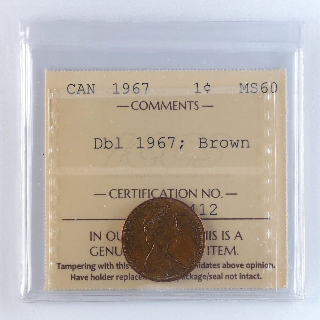 1967 Double 1967 Canada 1-cent ICCS Certified MS60 Brown
