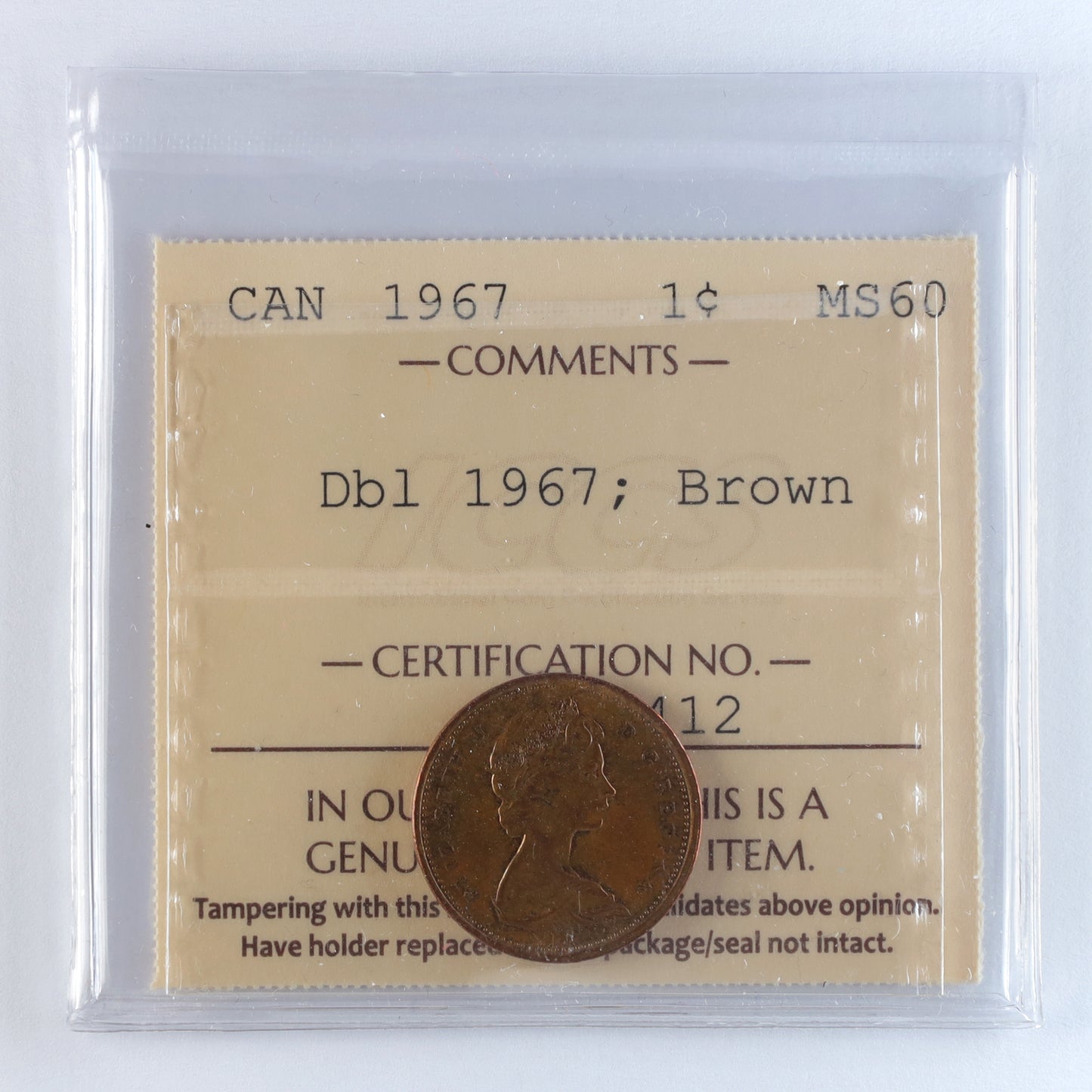 1967 Double 1967 Canada 1-cent ICCS Certified MS60 Brown