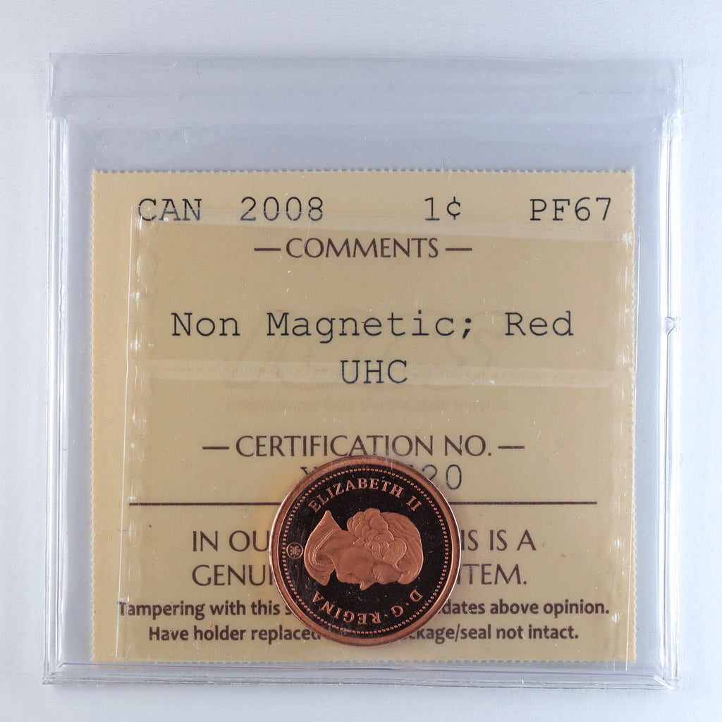 2008 Non-Magnetic Canada 1-cent ICCS Certified PF67 Red; UHC