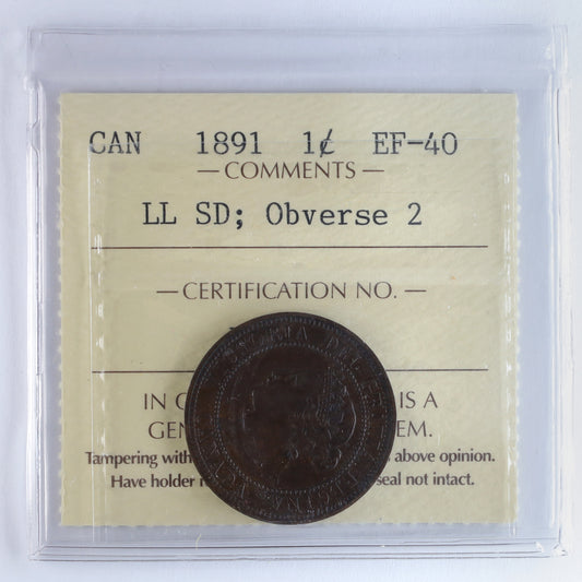 1891 LLSD, Obv. 2 Canada 1-cent ICCS Certified EF40