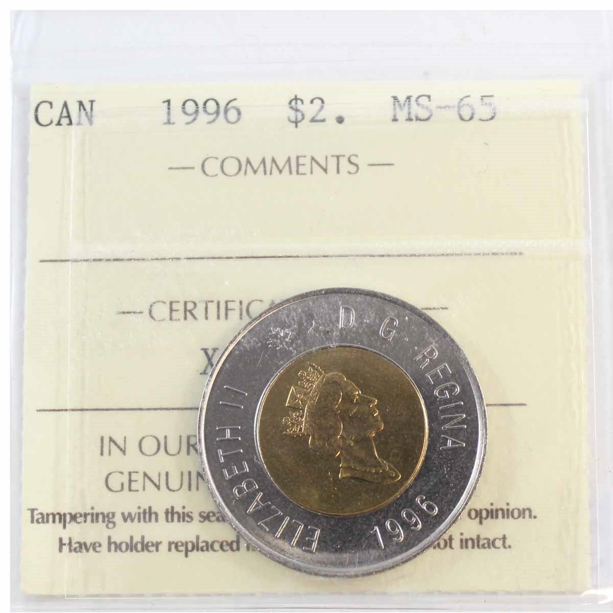 1996 Canada Two Dollar ICCS Certified MS65