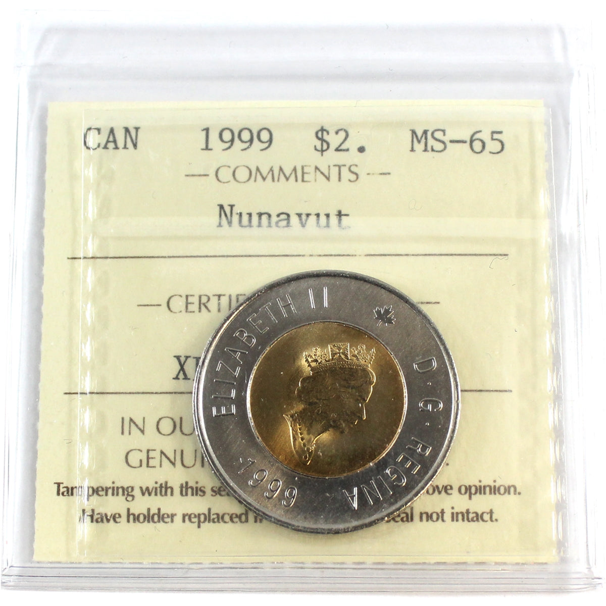 1999 Nunavut Canada Two Dollar ICCS Certified MS65