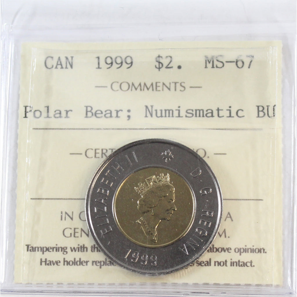 1999 Polar Bear Canada Two Dollar ICCS Certified MS67 Numismatic BU
