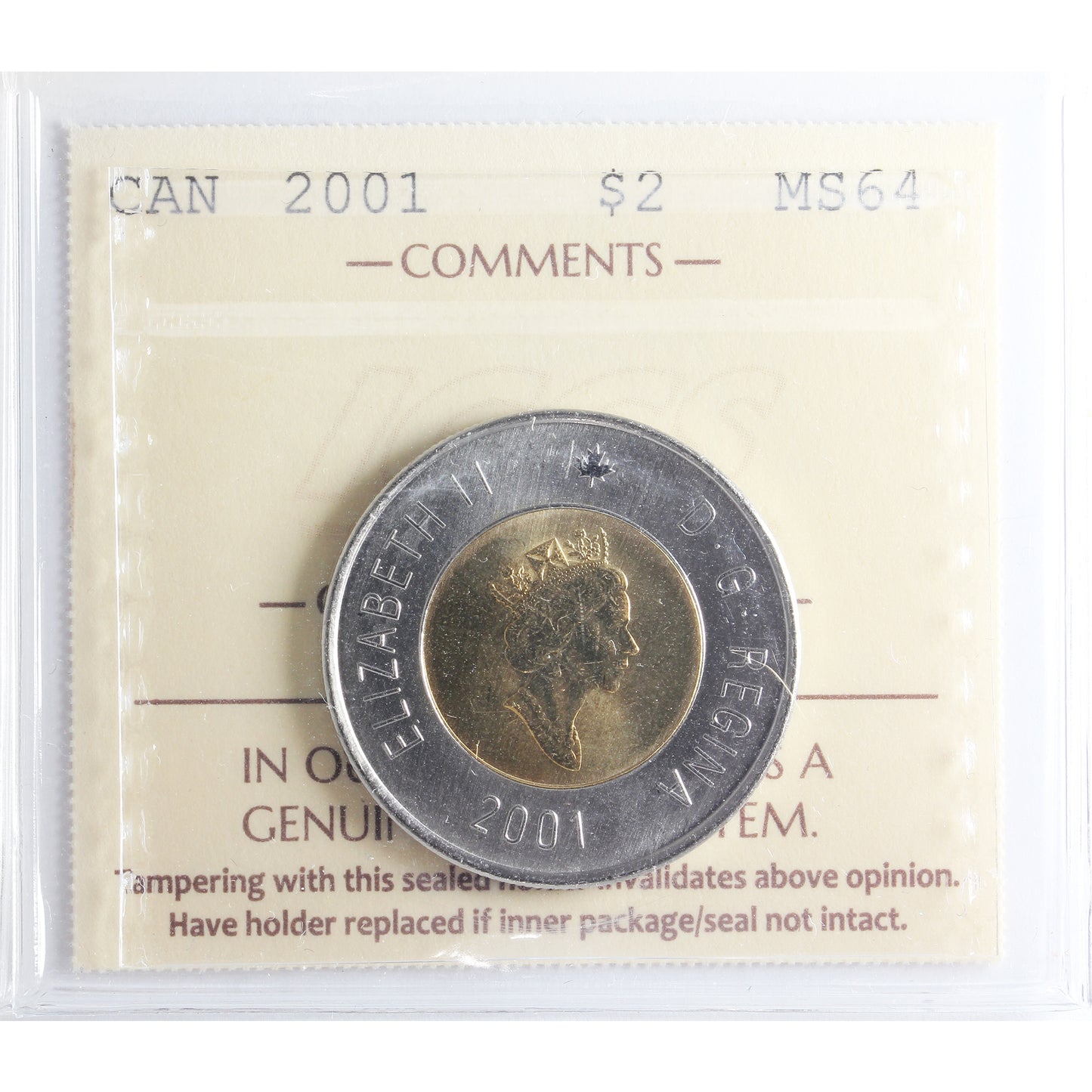 2001 Canada Two Dollar ICCS Certified MS64