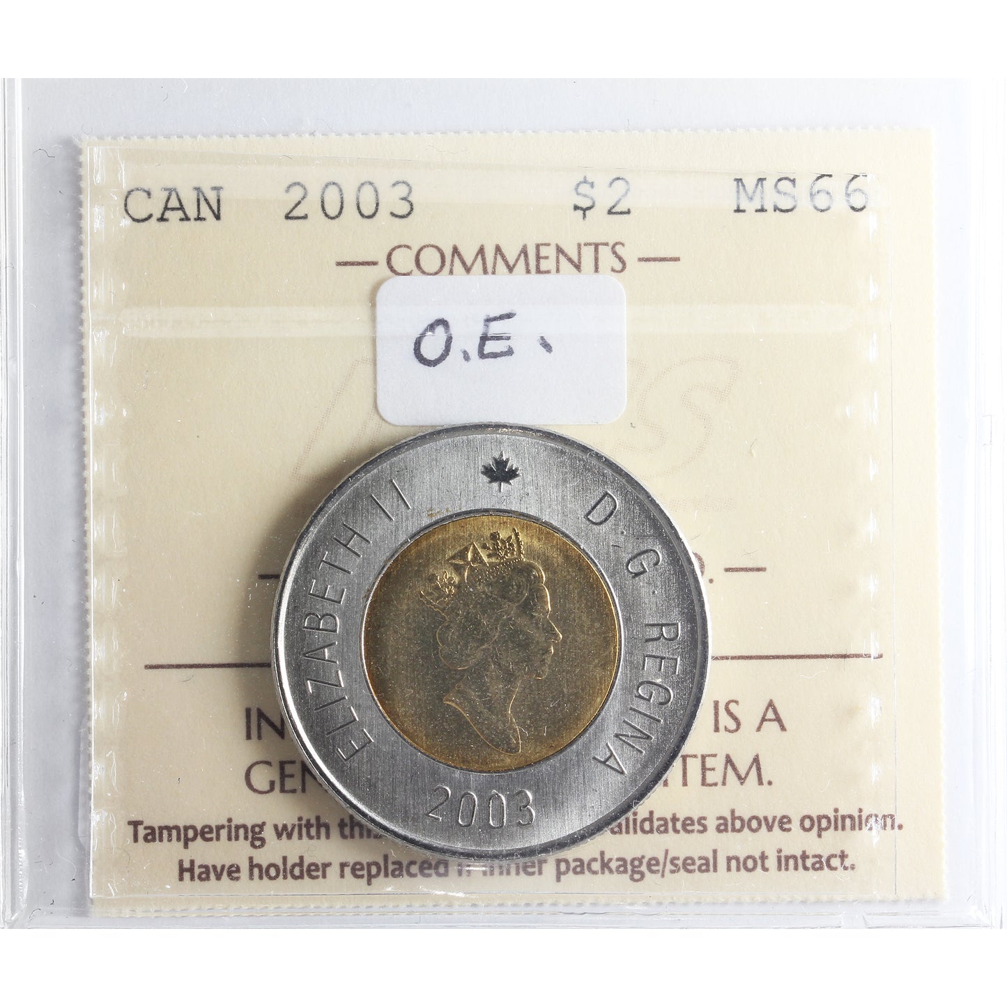 2003 Old Effigy Canada Two Dollar ICCS Certified MS66