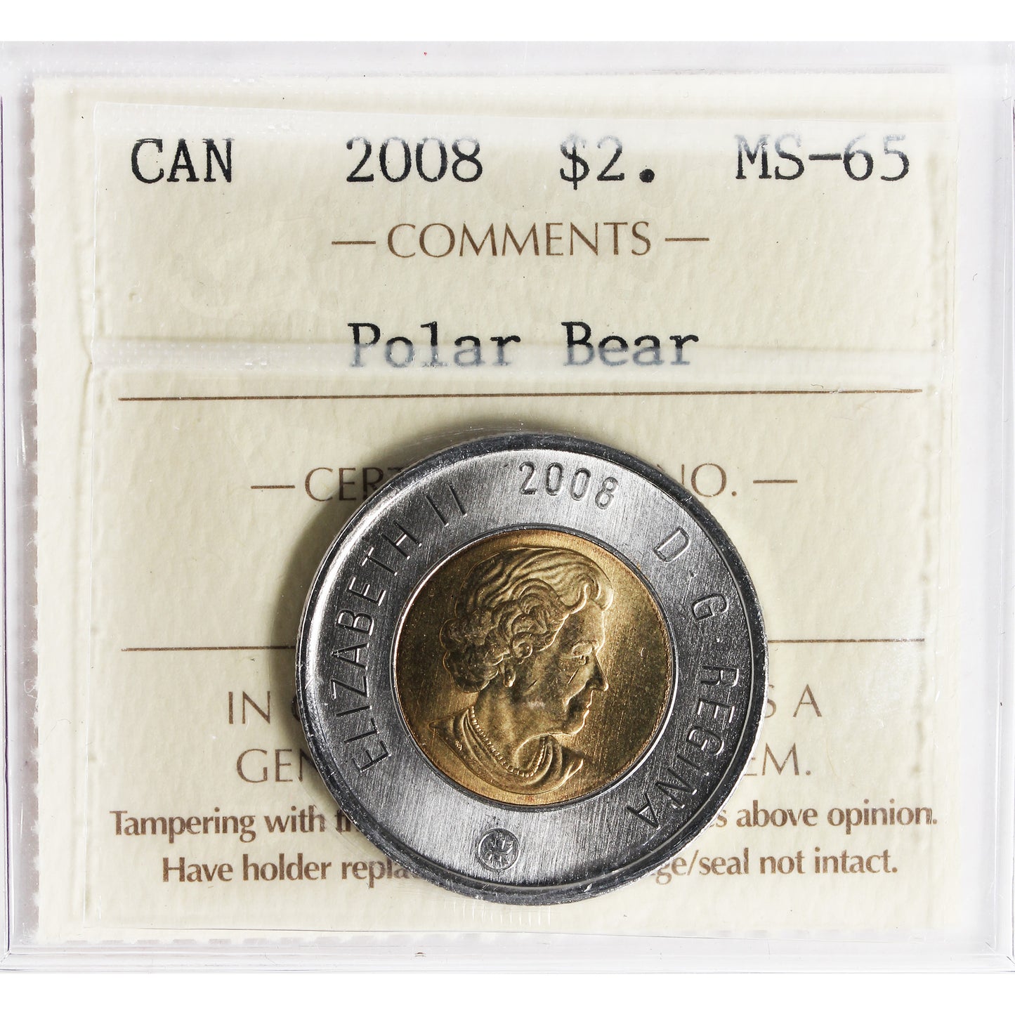 2008 Polar Bear Canada Two Dollar ICCS Certified MS65
