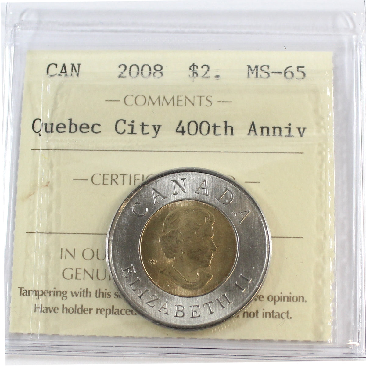 2008 Quebec City Canada Two Dollar ICCS Certified MS65