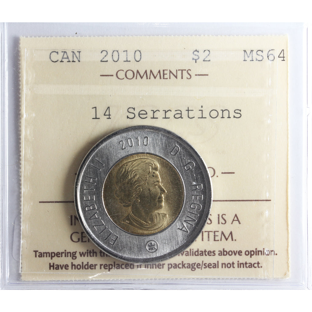 2010 14 Serrations Canada Two Dollar ICCS Certified MS64