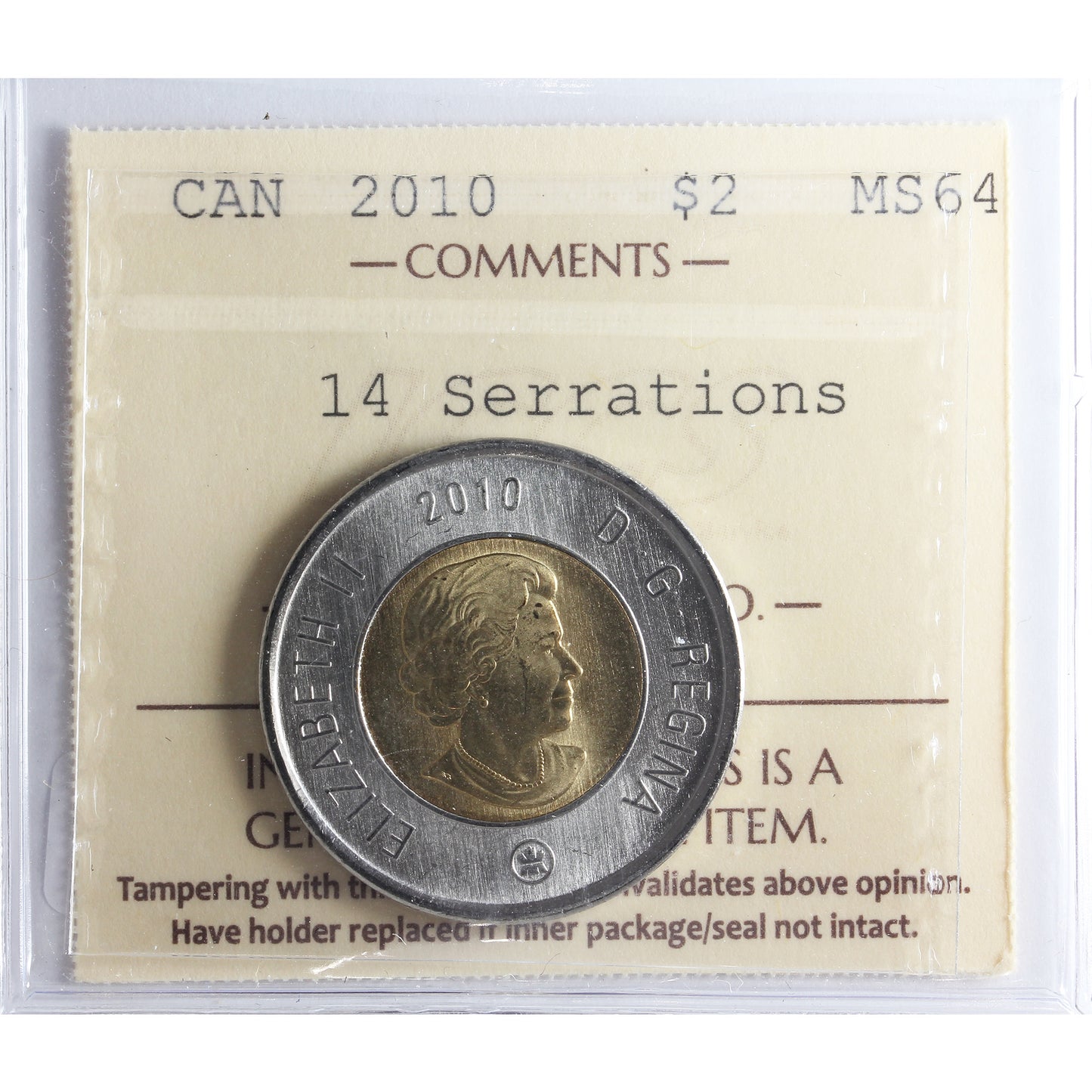 2010 14 Serrations Canada Two Dollar ICCS Certified MS64