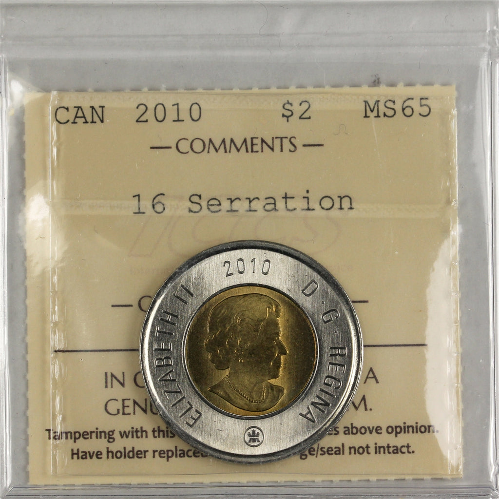 2010 16 Serrations Canada Two Dollar ICCS Certified MS65