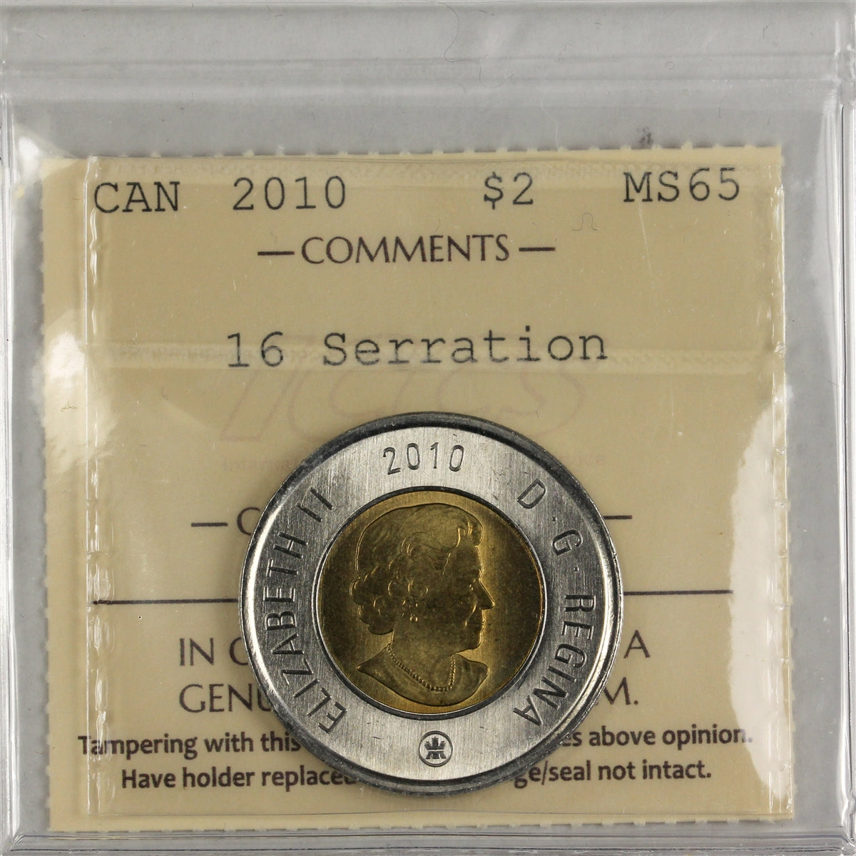 2010 16 Serrations Canada Two Dollar ICCS Certified MS65