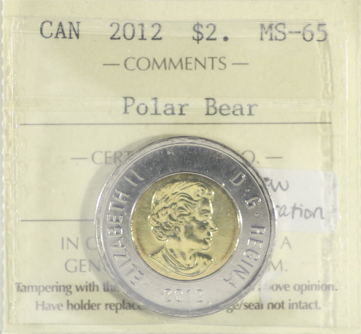 2012 New Generation Canada Two Dollar ICCS Certified MS65