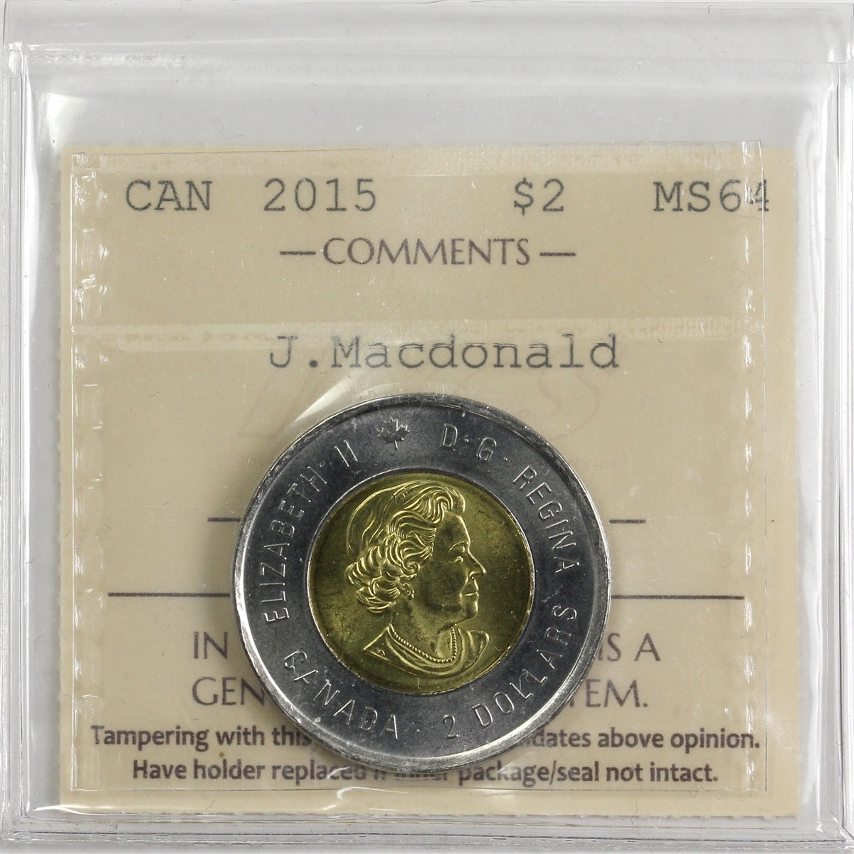 2015 John A. Macdonald Canada Two Dollar ICCS Certified MS64