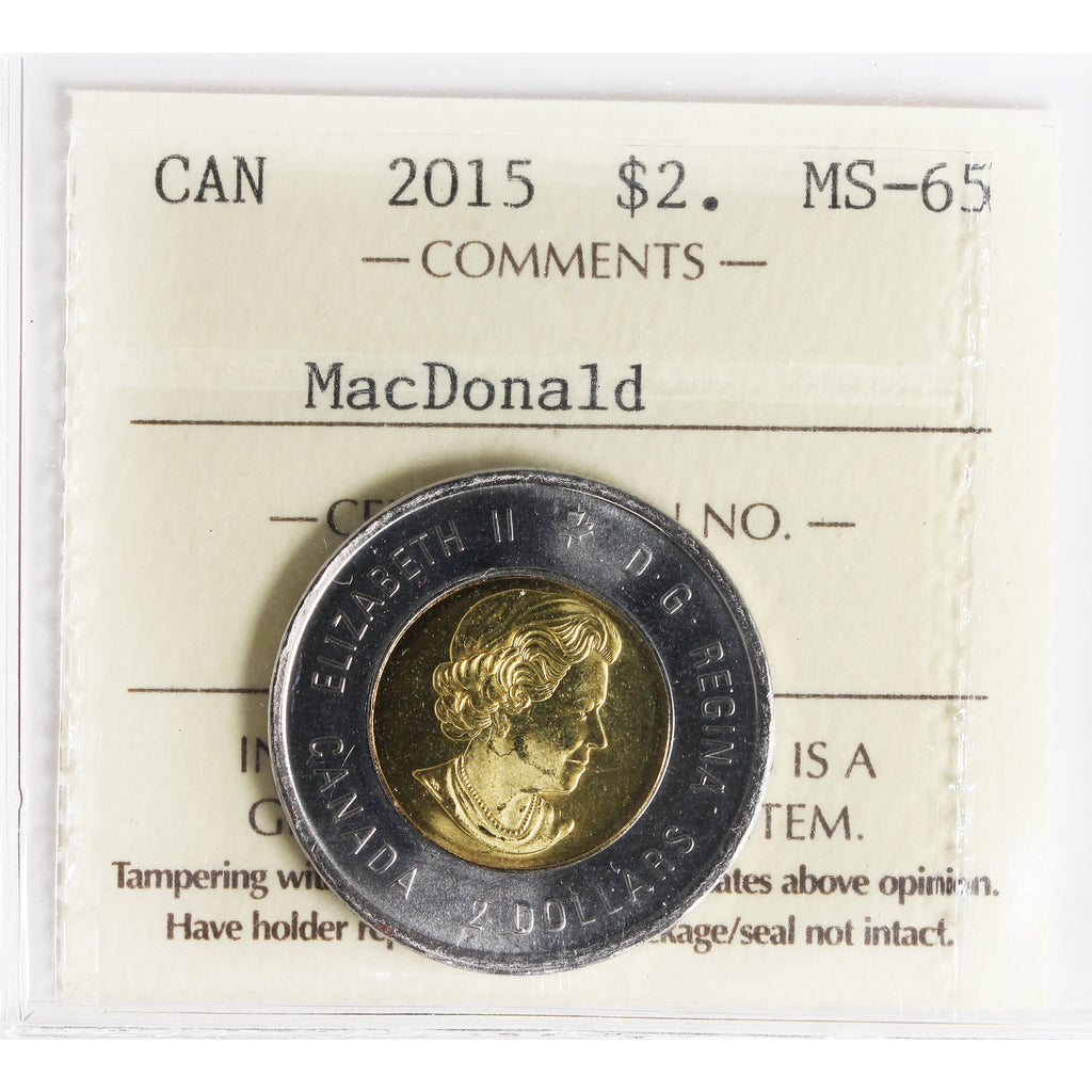 2015 John A. MacDonald Canada Two Dollar ICCS Certified MS65