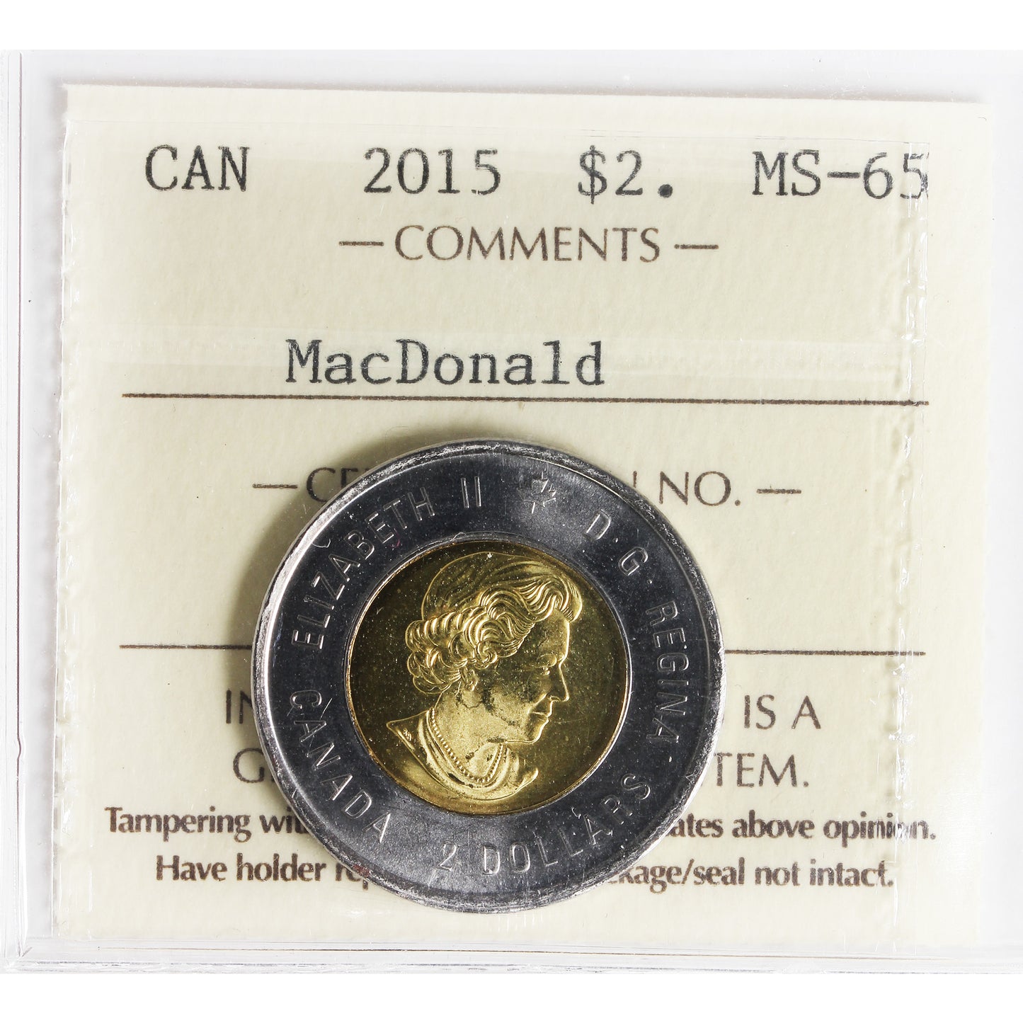2015 John A. MacDonald Canada Two Dollar ICCS Certified MS65