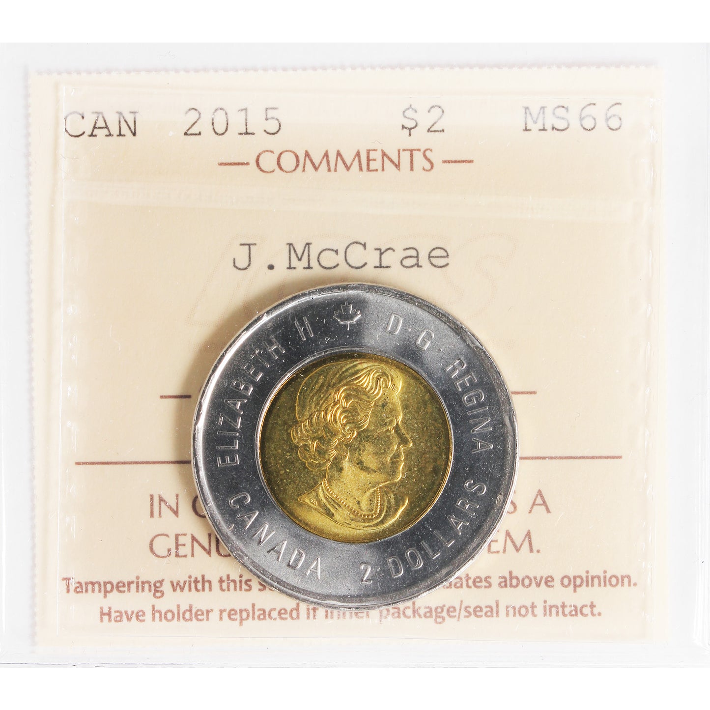 2015 John McCrae Canada Two Dollar ICCS Certified MS66