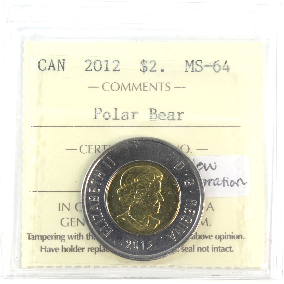 2012 New Generation/Security Canada Two Dollar ICCS Certified MS64