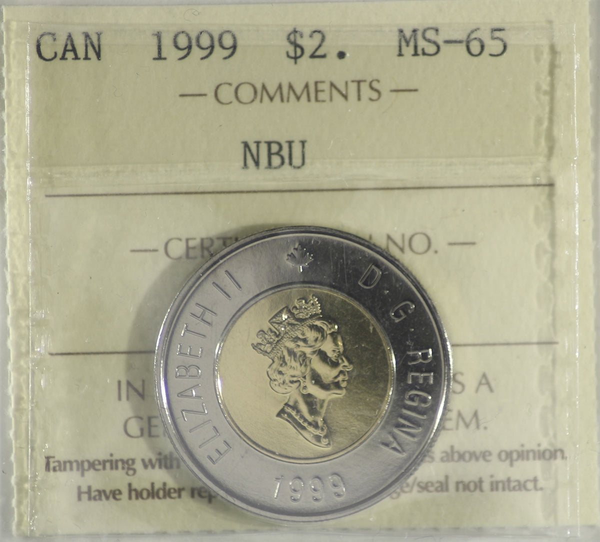 1999 Polar Bear Canada Two Dollar ICCS Certified MS65 NBU