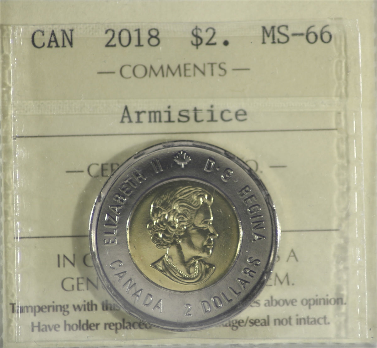 2018 Armistice Canada Two Dollar ICCS Certified MS66
