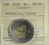 2018 Armistice Colour Canada Two Dollar ICCS Certified MS64