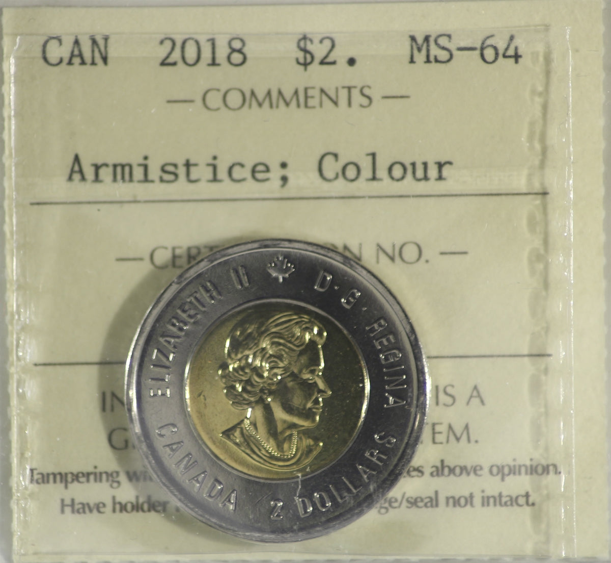 2018 Armistice Colour Canada Two Dollar ICCS Certified MS64
