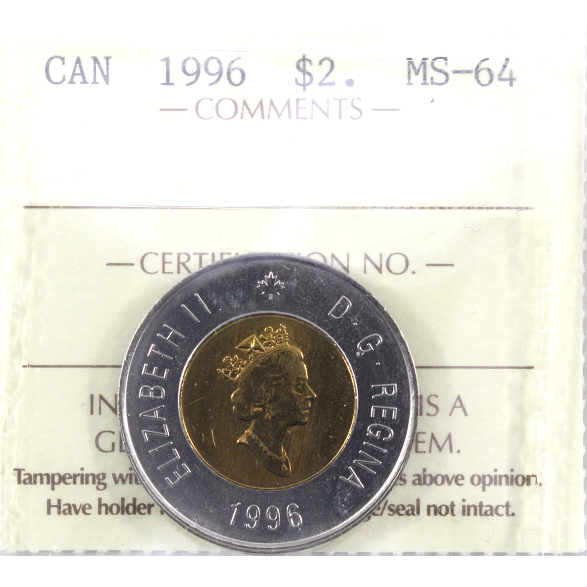 1996 Canada Two Dollar ICCS Certified MS64