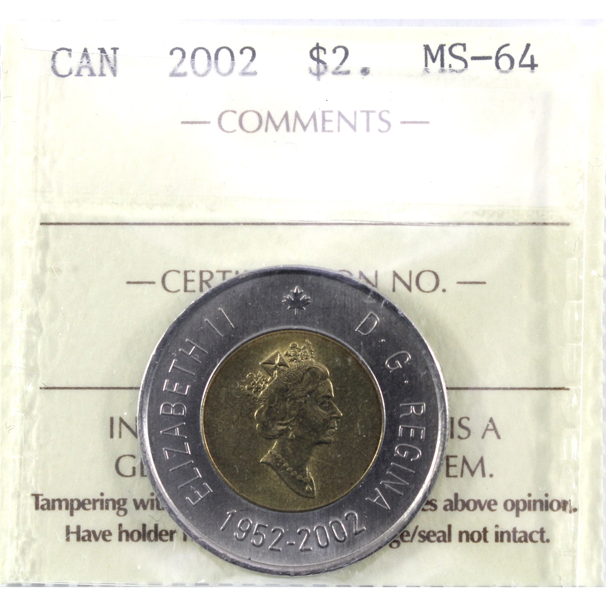 2002 Canada Two Dollar ICCS Certified MS64