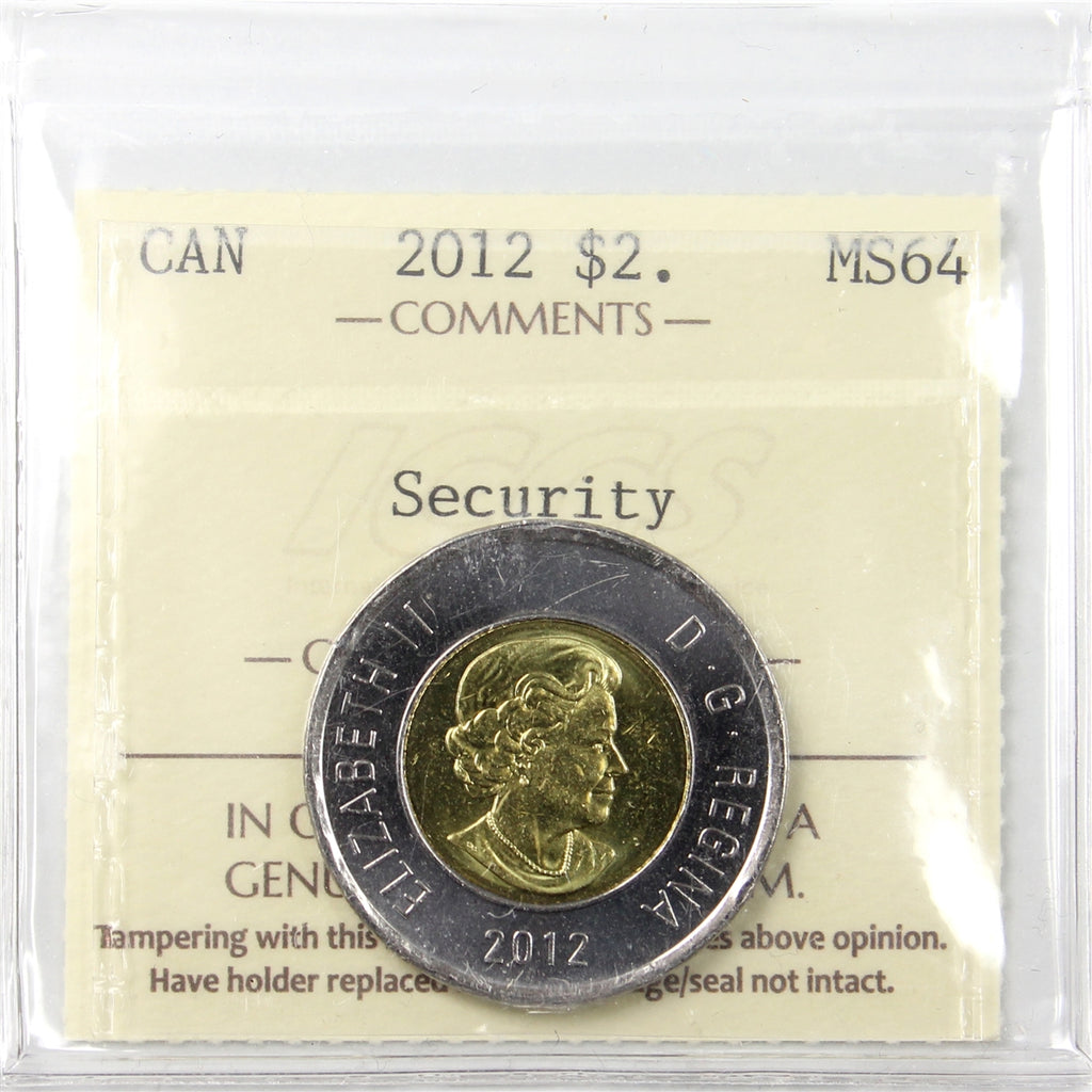 2012 Security Canada Two Dollar ICCS Certified MS64