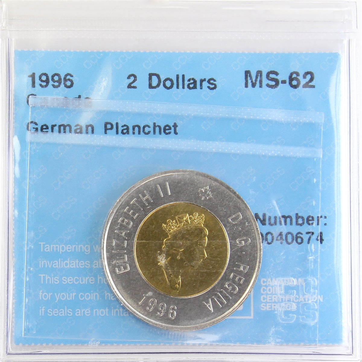 1996 German Planchet Canada Two Dollars CCCS Certified MS62