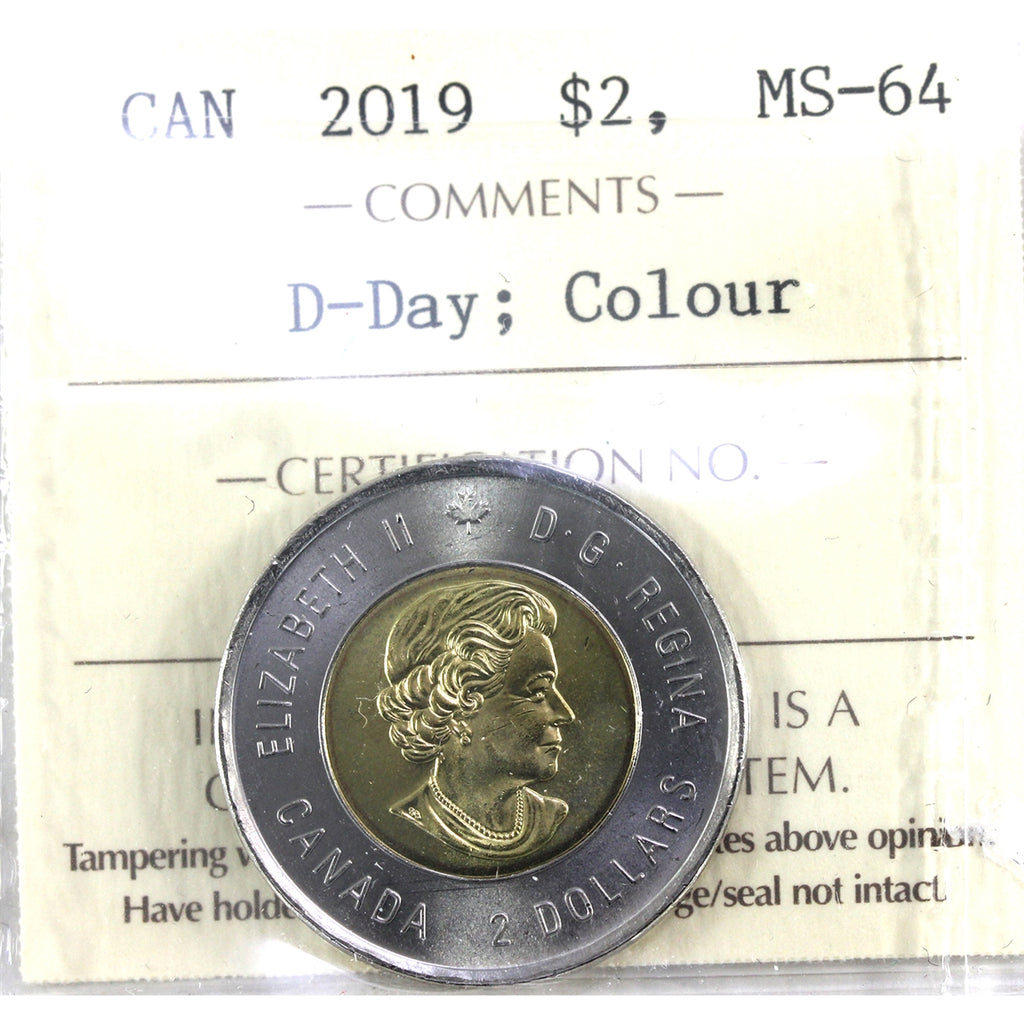 2019 D-Day Coloured Canada Two Dollar ICCS Certified MS64