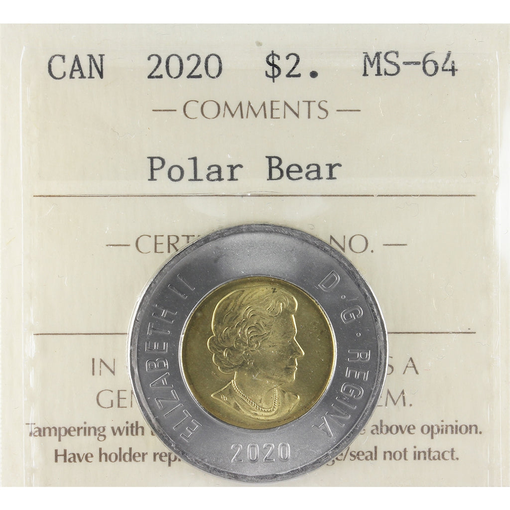 2020 Polar Bear Canada Two Dollars ICCS Certified MS64