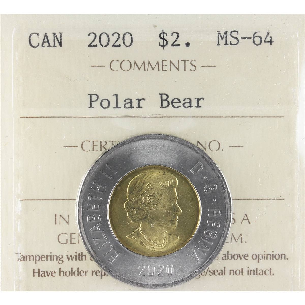 2020 Polar Bear Canada Two Dollars ICCS Certified MS64