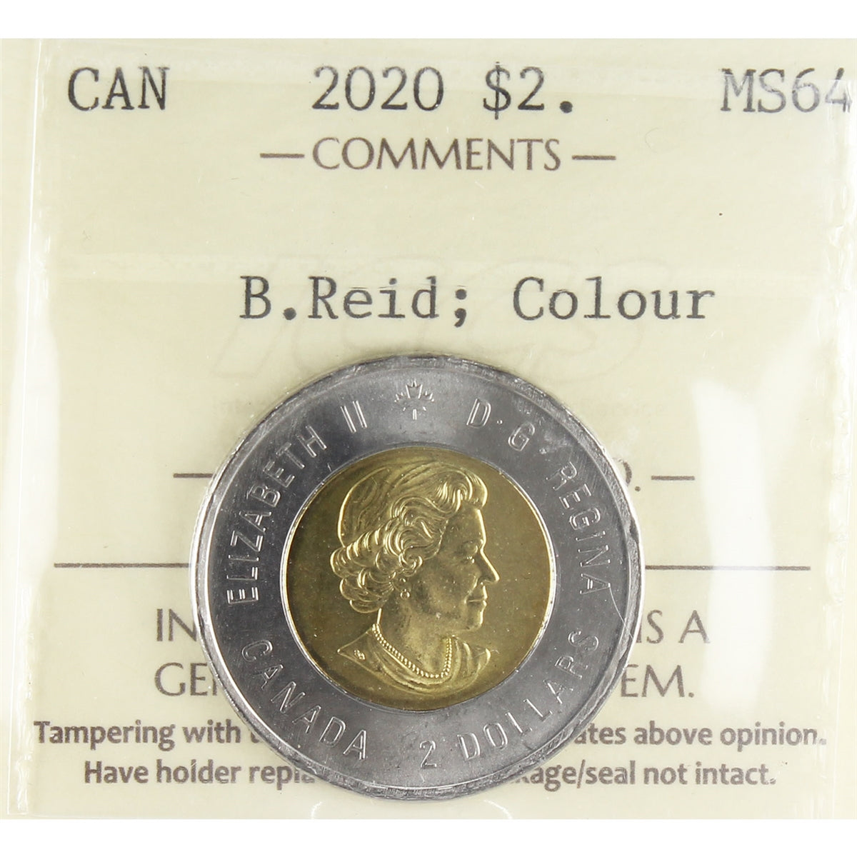 2020 Coloured Bill Reid Canada Two Dollar ICCS Certified MS64