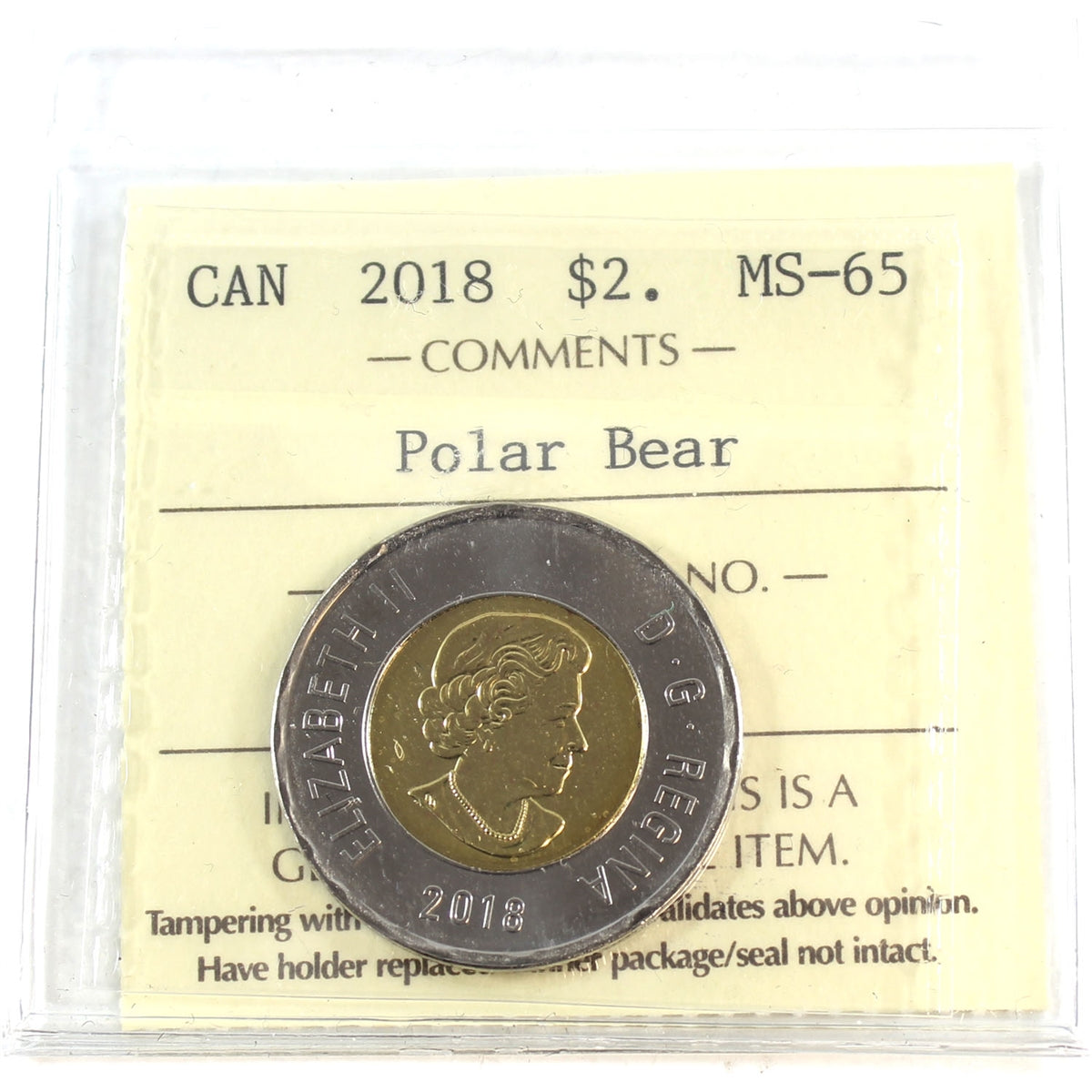 2018 Canada Two Dollar ICCS Certified MS65 Polar Bear
