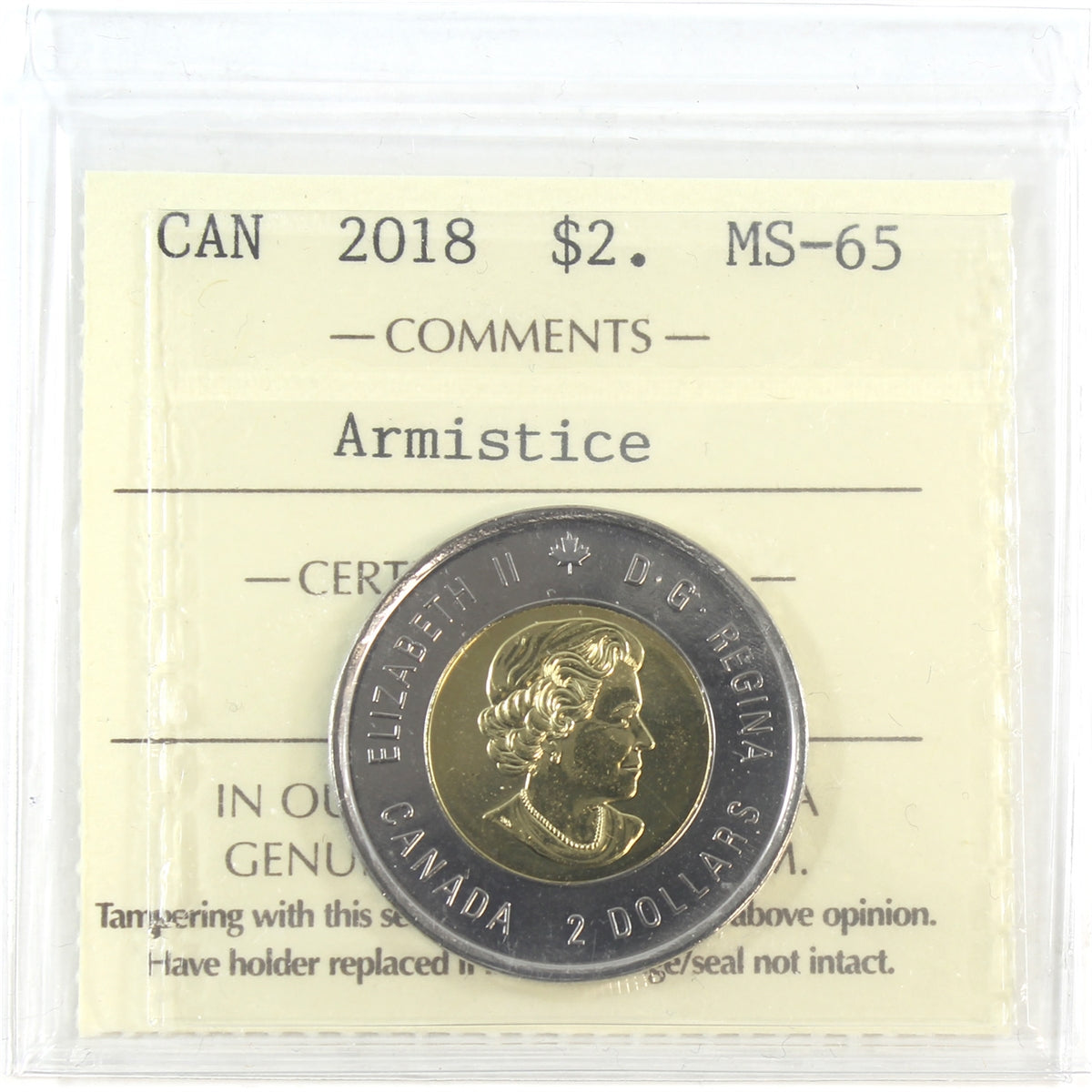 2018 Armistice Canada Two Dollar ICCS Certified MS65
