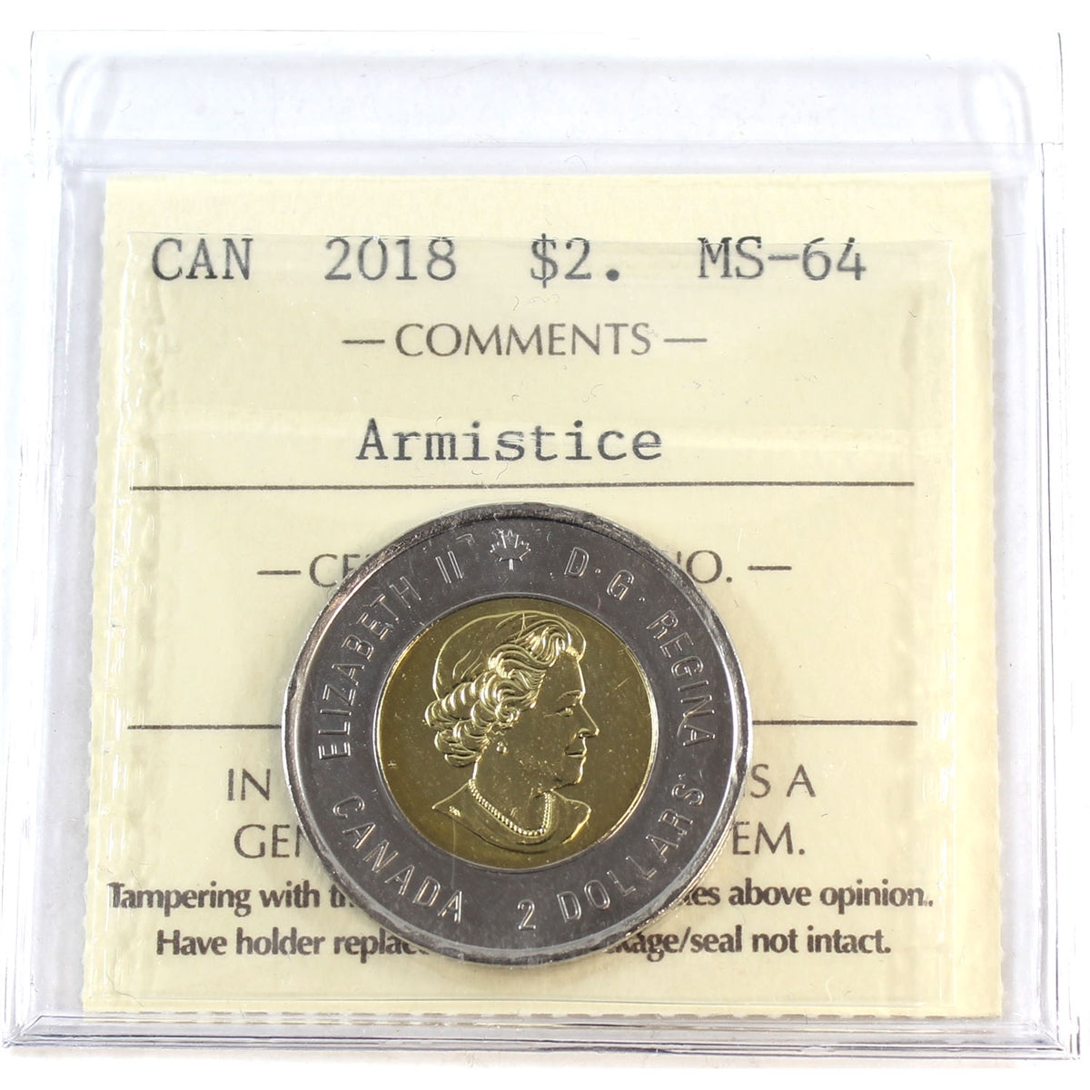 2018 Armistice Canada Two Dollar ICCS Certified MS64