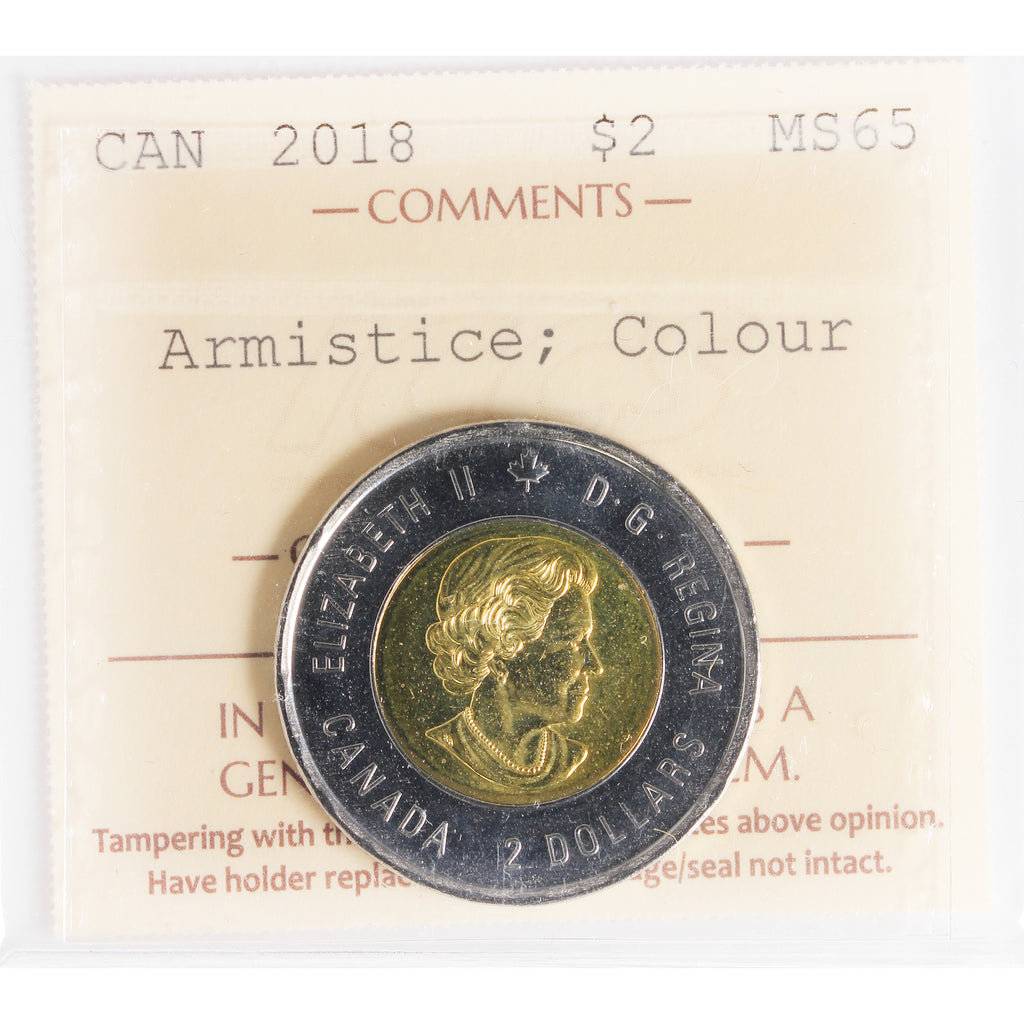 2018 Coloured Armistice Canada Two Dollar ICCS Certified MS65