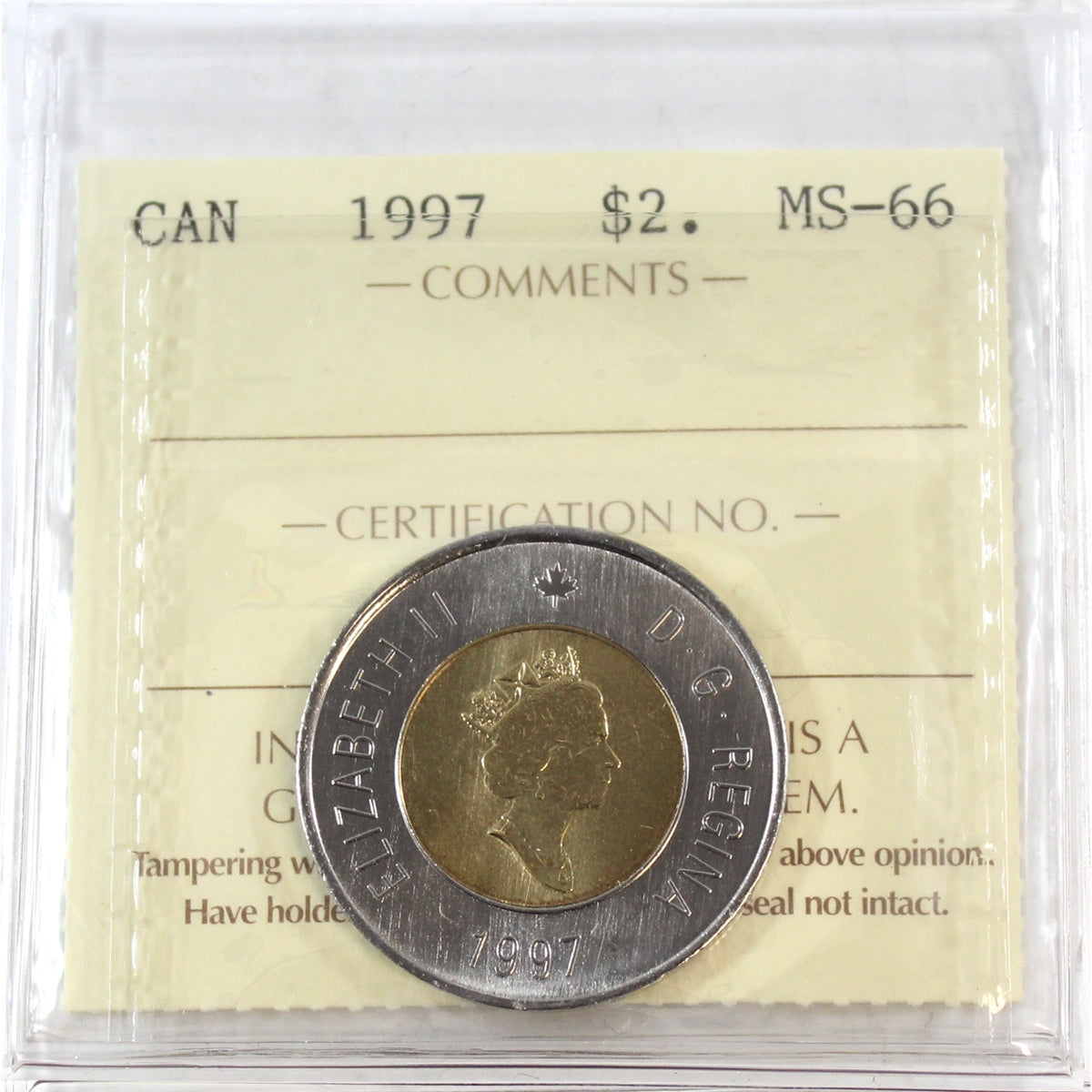 1997 Canada Two Dollar ICCS Certified MS66