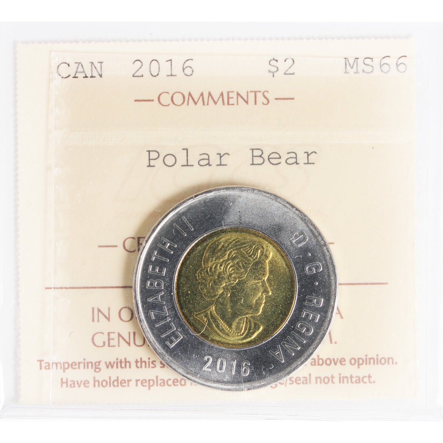 2016 Polar Bear Canada Two Dollar ICCS Certified MS66