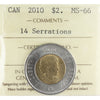 2010 14 Serrations Canada Two Dollar ICCS Certified MS66