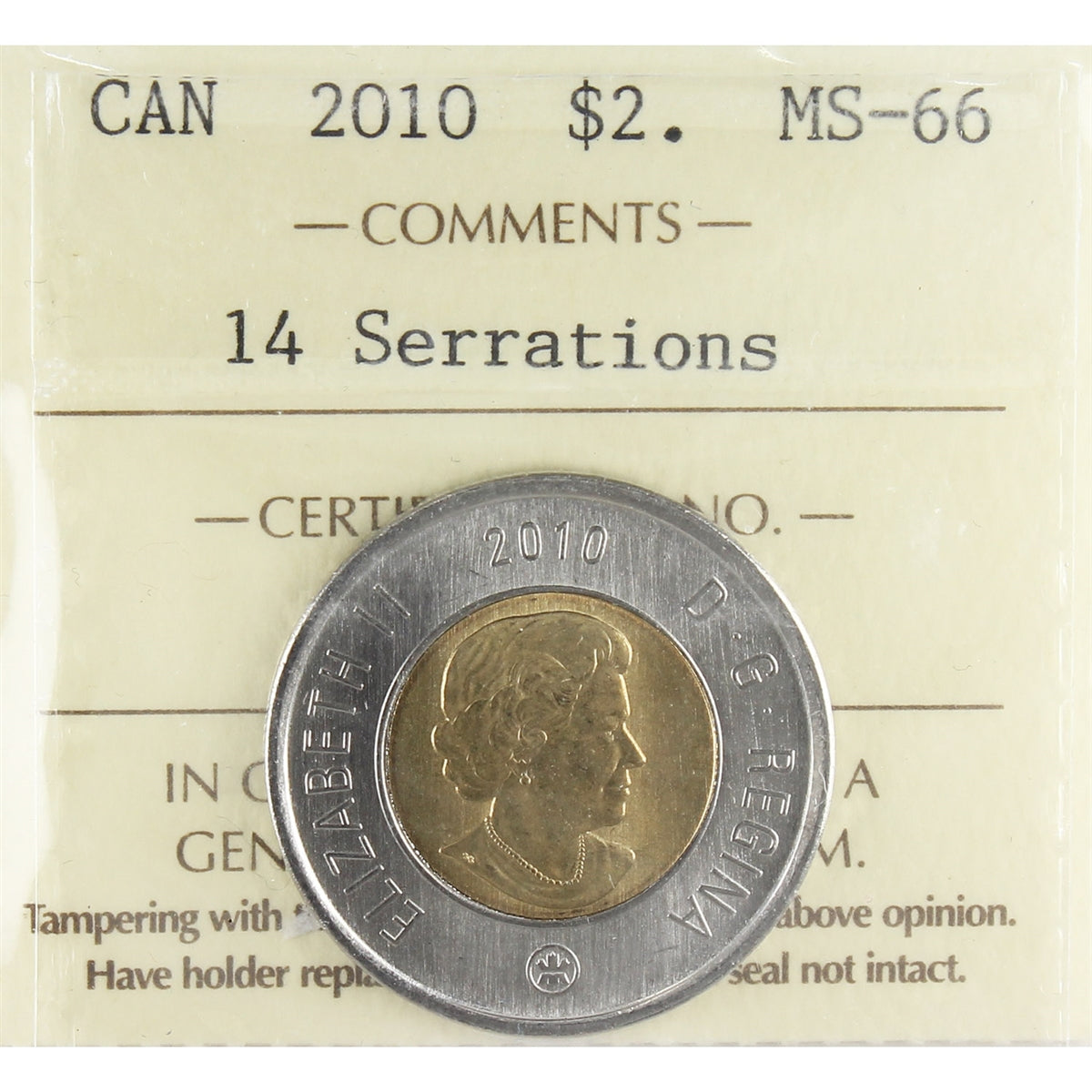 2010 14 Serrations Canada Two Dollar ICCS Certified MS66