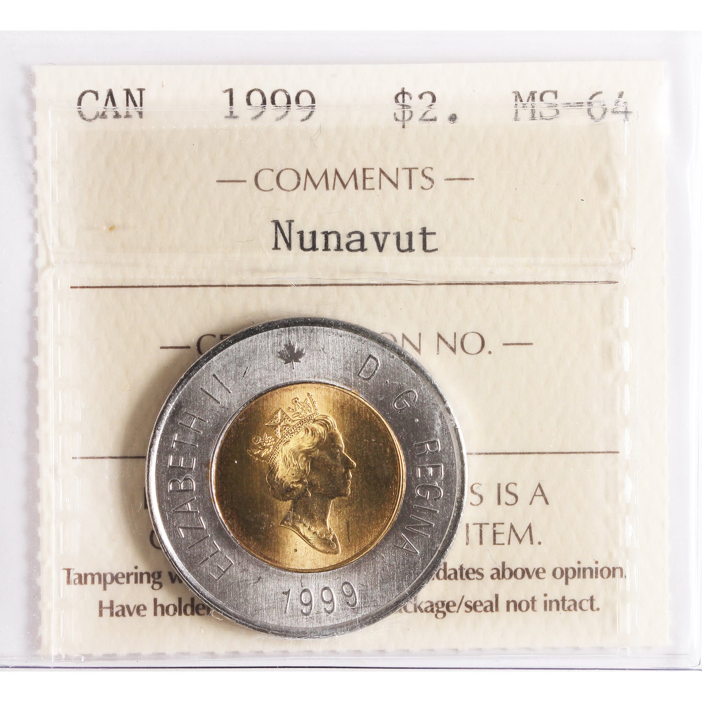 1999 Nunavut Canada Two Dollars ICCS Certified MS64