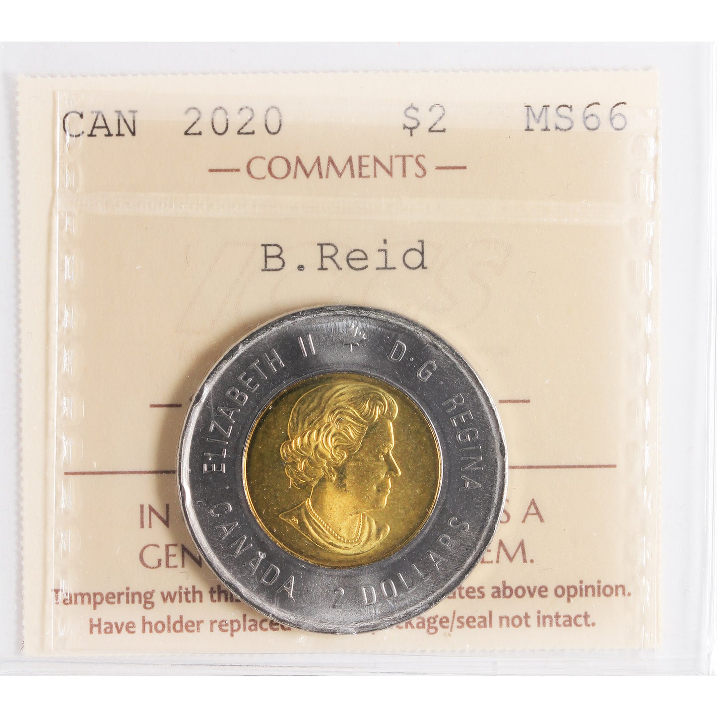 2020 Bill Reid Canada Two Dollars ICCS Certified MS66