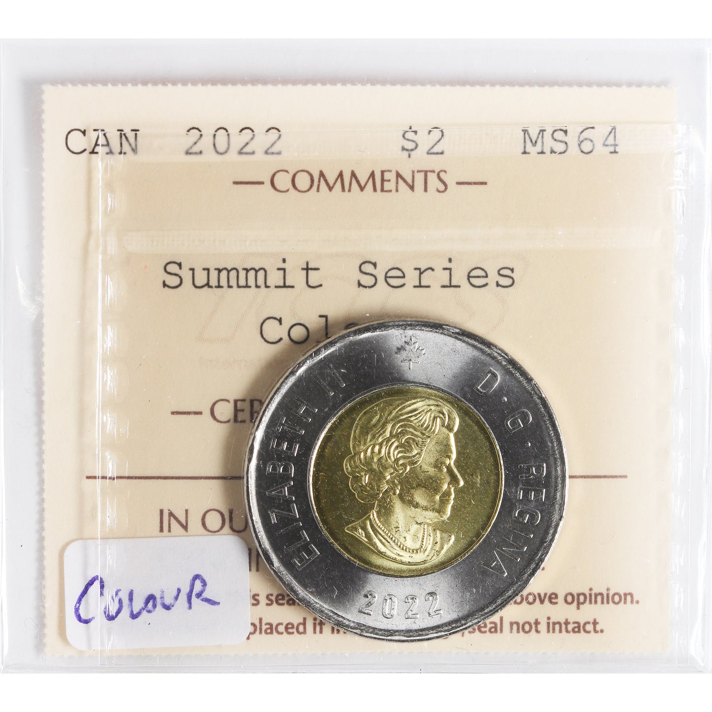 2022 Summit Series Coloured Canada Two Dollars ICCS Certified MS64