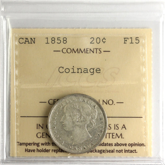 1858 Coinage Canada 20-cents ICCS Certified F15