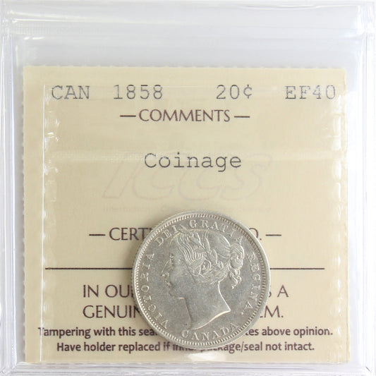 1858 Coinage Canada 20-cents ICCS Certified EF40