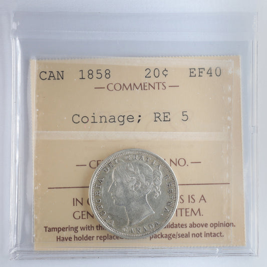 1858 Re-engraved 5, Coinage Canada 20-cents ICCS Certified EF40