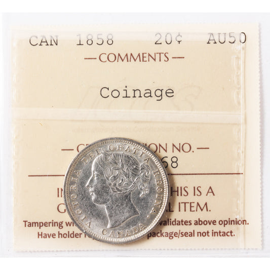 1858 Canada 20-cents ICCS Certified AU50